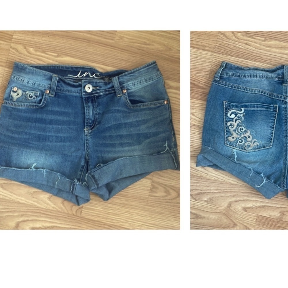 INC embellished cut off raw hem blue denim distressed jean shorts med wash 4